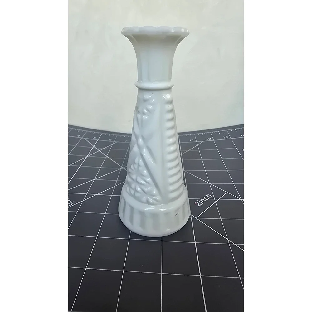 Vintage White Milk Glass Bud Vase Stars and Bars Pattern Scalloped Rim 6.25in